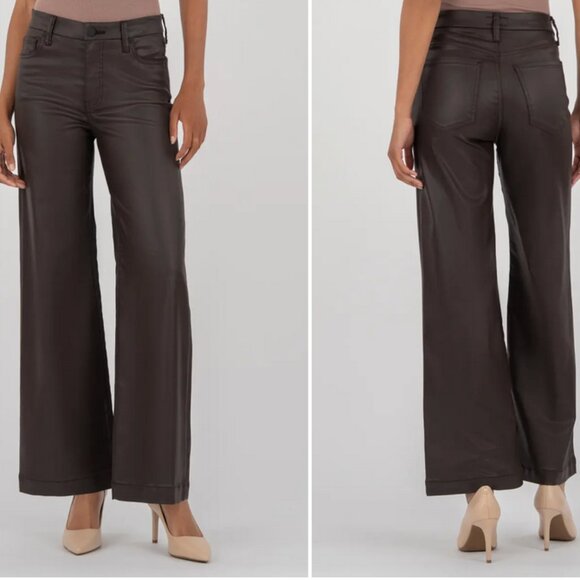 KUT from the Kloth Meg Coated High Waist Wide Leg Cropped Jeans, Chocolate, 12 - Picture 1 of 8